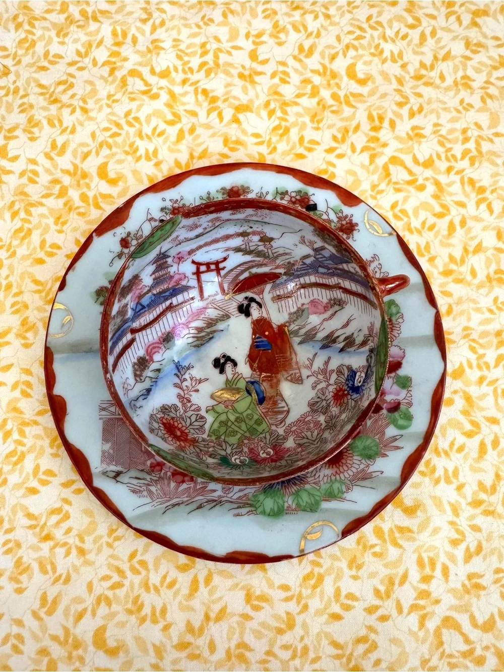Vintage Japanese Hand Painted Teacup and Saucer Set. Geisha and Floral Landscape